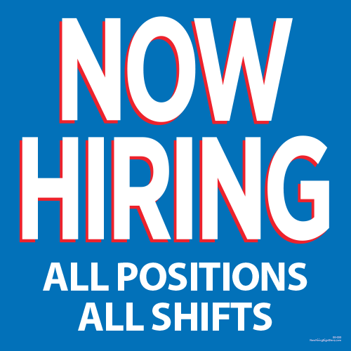 Now Hiring Cling - All Positions, All Shifts (Blue) [3' x 3']