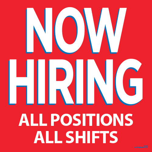 Now Hiring Cling - All Positions, All Shifts (Red) [3' x 3'] - Click Image to Close