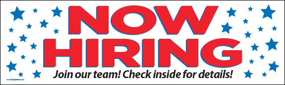 Now Hiring Banner with Stars - Check Inside [10' x 3'] - Click Image to Close