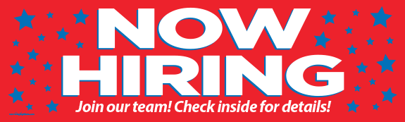 Now Hiring Banner with Stars - Check Inside (Red) [10' x 3'] - Click Image to Close