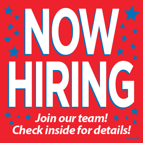 Now Hiring Cling with Stars - Check Inside (Red) [3' x 3'] - Click Image to Close