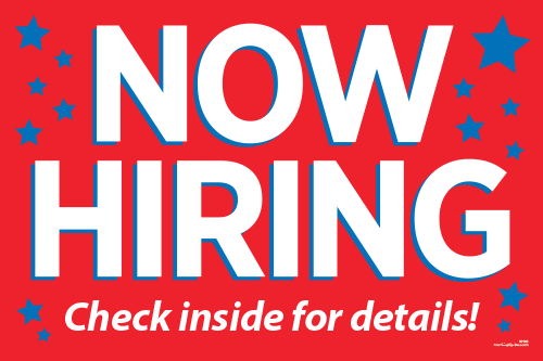 Now Hiring Yard Sign with Stars - Check Inside (Red) - Click Image to Close