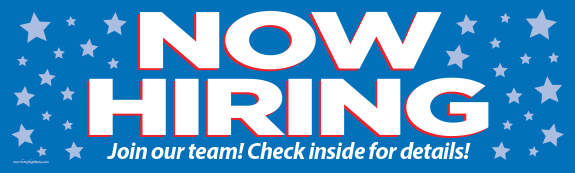 Now Hiring Banner with Stars - Check Inside (Blue) [10' x 3'] - Click Image to Close