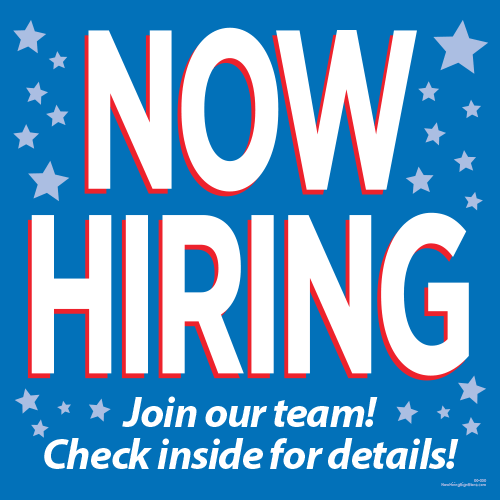 Now Hiring Cling with Stars - Check Inside (Blue) [2' x 2'] - Click Image to Close