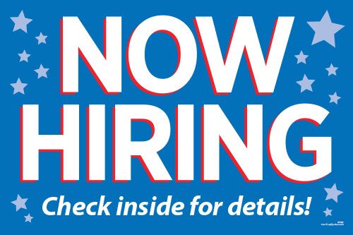 Now Hiring Yard Sign with Stars - Check Inside (Blue) - Click Image to Close