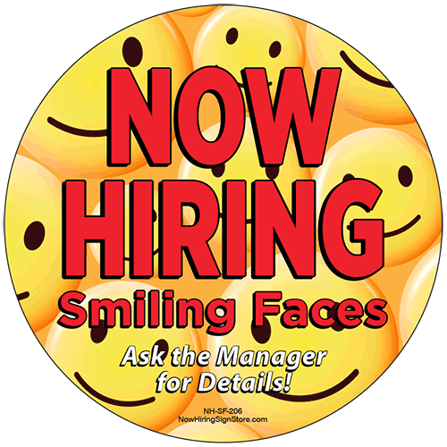 Now Hiring Smiling Faces Crew Button - Click Image to Close